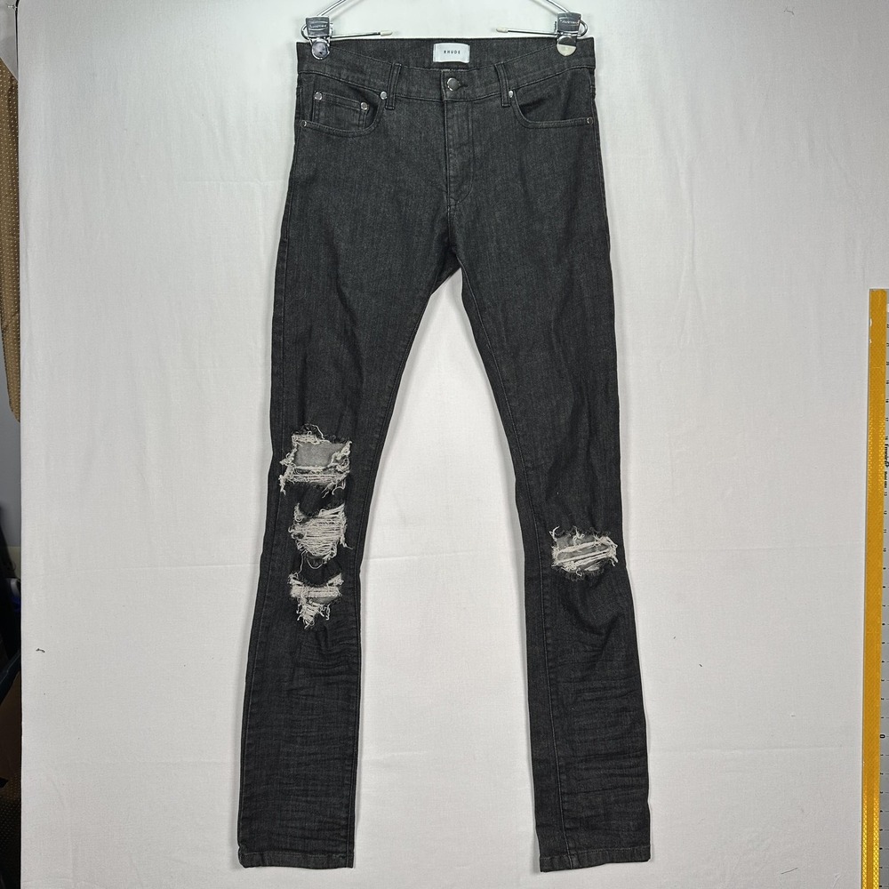 Rhude Jeans Mens 30 Black Distressed Skinny‎ Stretch Denim Ripped Knees Tapered